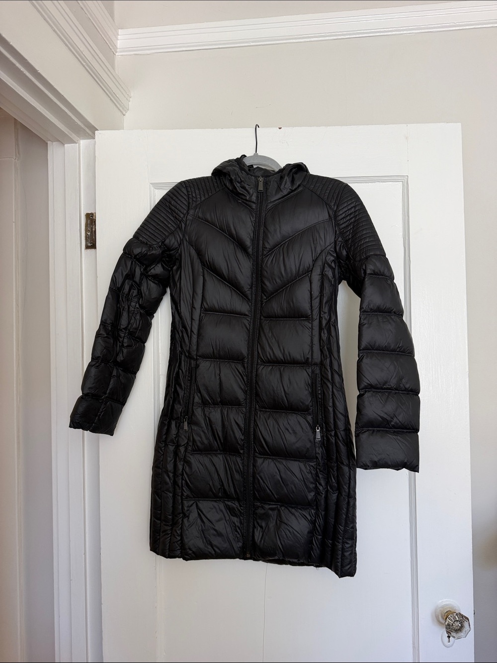 BCBGeneration Black Quilted Hooded Long Puffer Coat